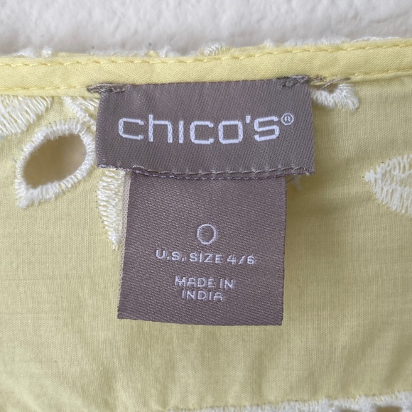 Chico's Yellow Eyelet Blouse with Brown Beaded Trim - Picture 2 of 9